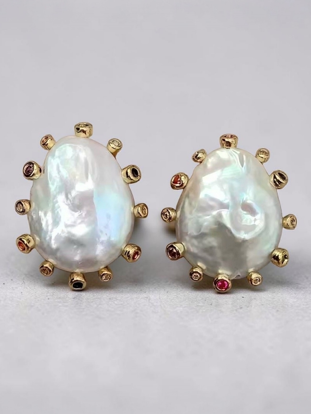 14X18 MM Baroque Pearl Stud Earrings with Multicolor Gem Accents - Picture 1 of 4